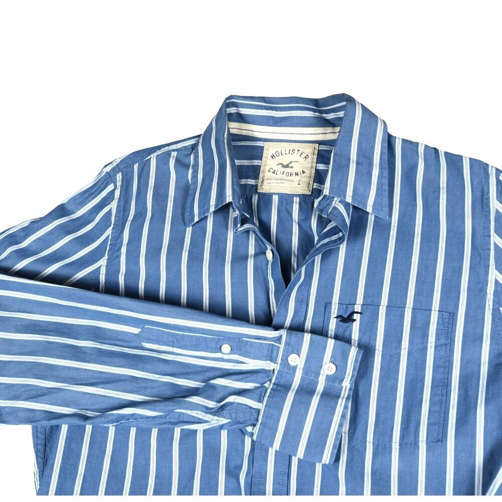 Hollister Men's Long Sleeve Nautical Blue Stripes Beachy Cotton Sz L Y2K Preppy